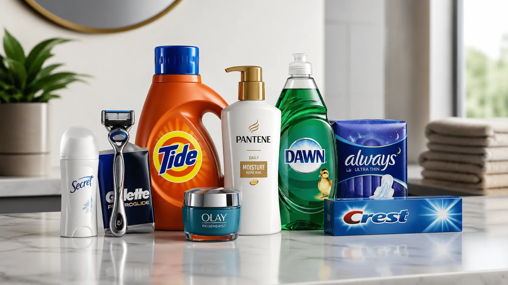 Premium editorial-style product lineup featuring several Procter & Gamble household and personal care brands arranged on a marble countertop in a bright modern interior.